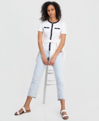 Women's Cotton Cardigan-Look Short-Sleeve Knit Top