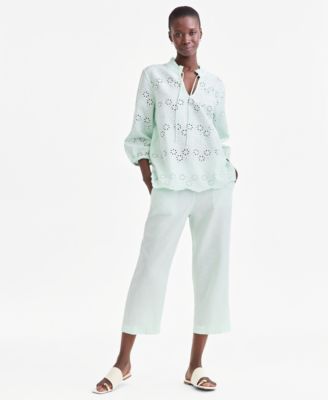 Women's 100% Linen Solid Cropped Pull-On Pants