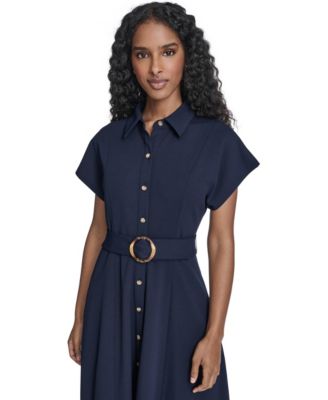 Women's Extended Cap-Sleeve Belted Shirt Dress