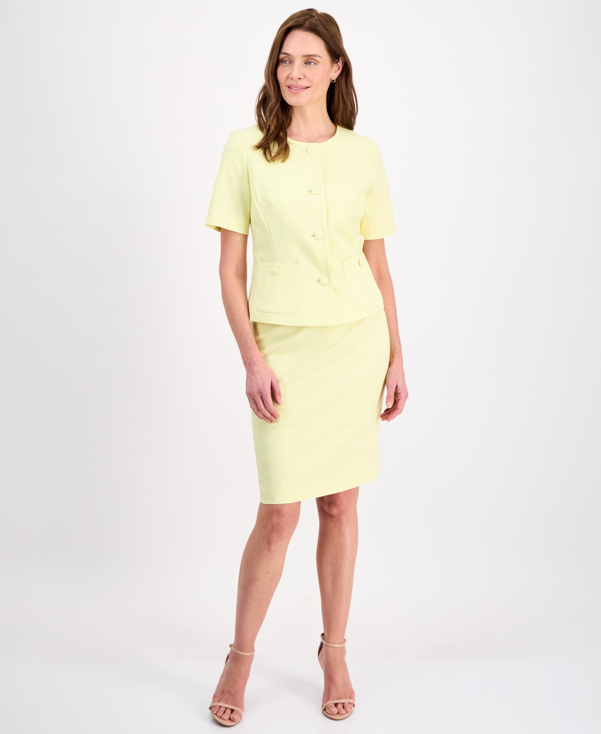 Le Suit Women's Short-Sleeve Four-Button 2 Piece Skirt Suit - Pale Yellow