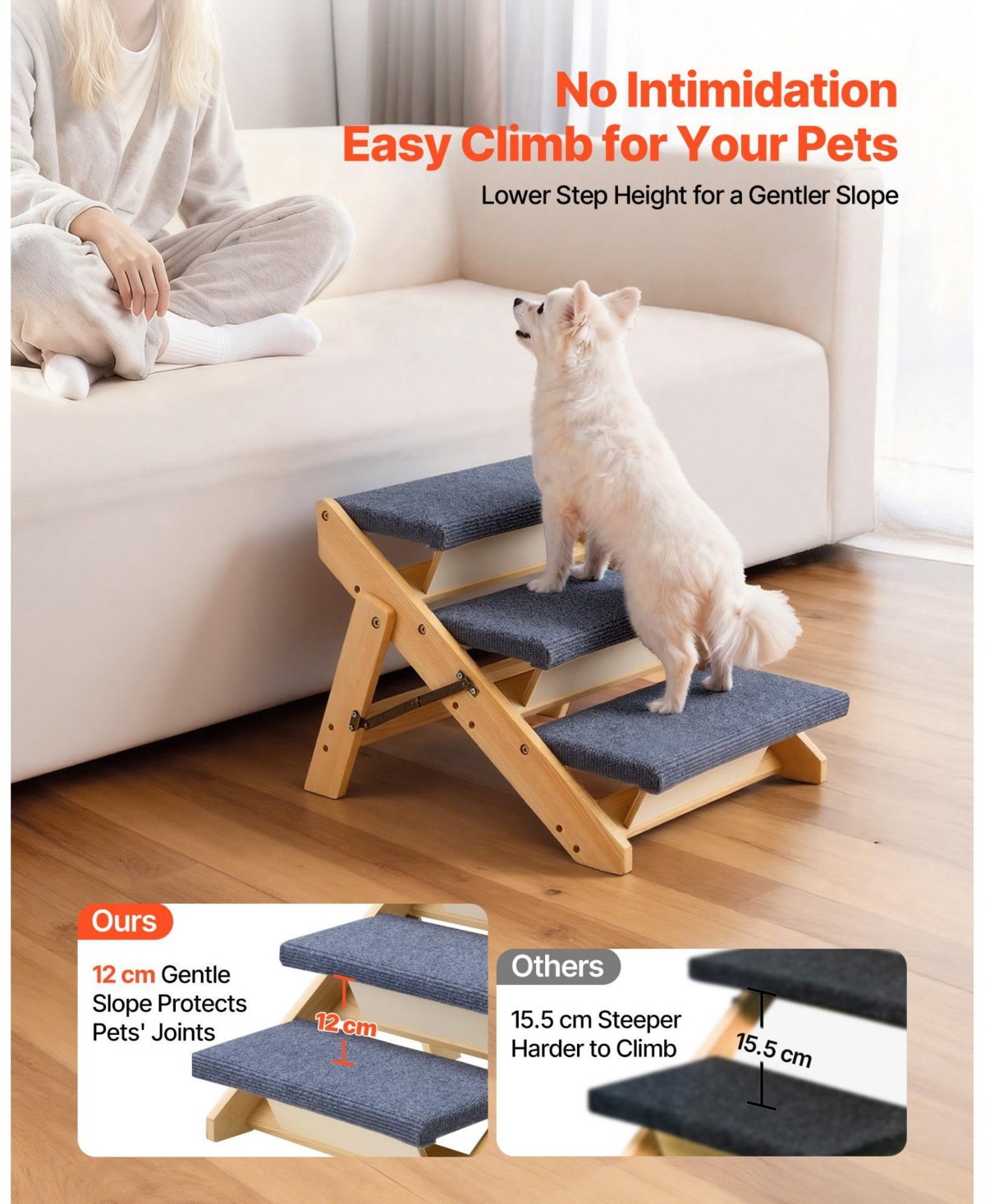 Cozito 3-Step Wooden Pet Stairs for Bed, Sofa, or Car, Foldable Flat Design, 150 lb Capacity