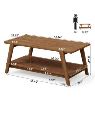 47-Inch Solid Wood Coffee Table, 2-Tier Farmhouse Rectangular Accent Center Cocktail Tea Table with Storage, Rustic Brown