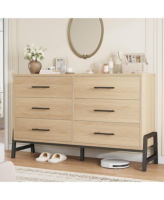 52" Wide 6-Drawer Closet Dresser, Freestanding Wooden Storage Cabinet for Bedroom & Living Room, Natural Oak