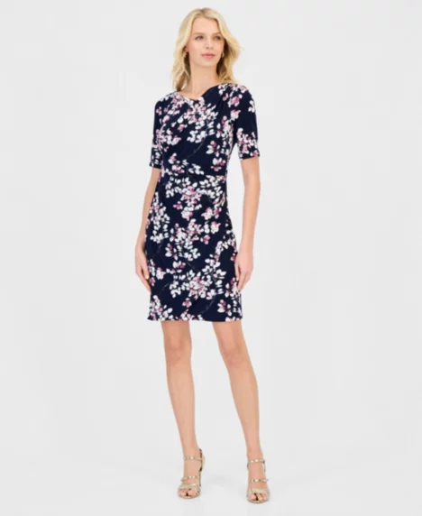 Petite Floral Faux-Wrap Elbow-Sleeve Dress - Nro