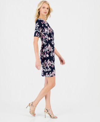 Petite Floral Faux-Wrap Elbow-Sleeve Dress