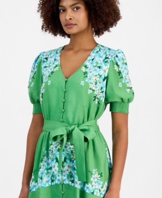 Women's Belted Printed Button-Front Midi Dress