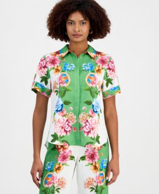Women's Collared Short-Sleeve Floral Blouse