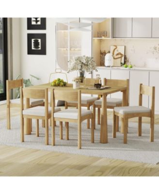 Retro 7-Piece Dining Set for 6 with Upholstered Chairs (Natural Wood