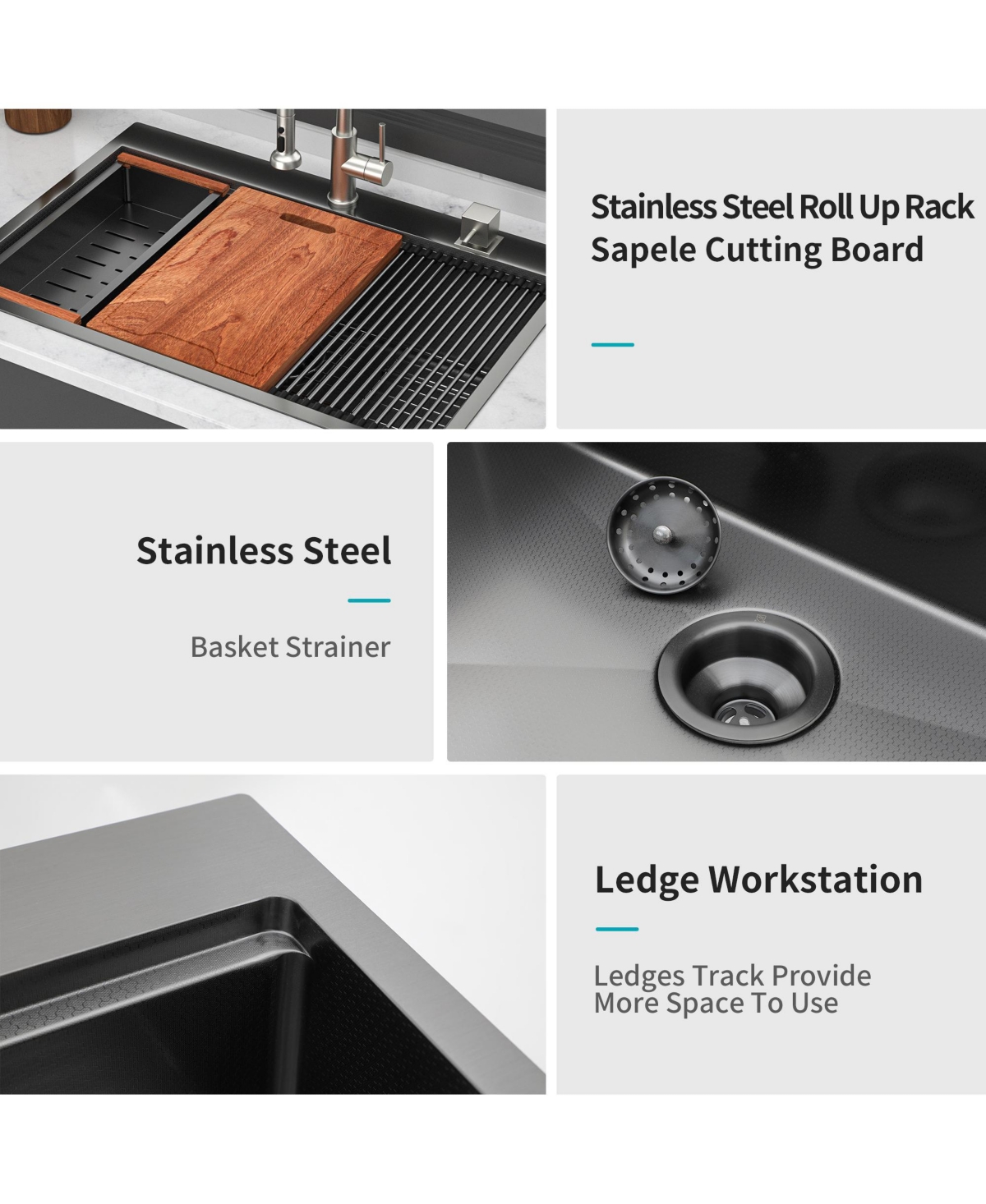 flynama 33x22x9inch Gunmetal Black Kitchen Sink Drop In Workstation Stainless Steel 16 Gauge