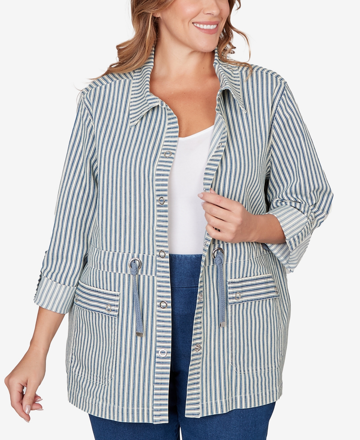 Ruby Rd. Plus Size Striped Anorak Snap Front Jacket In Blue