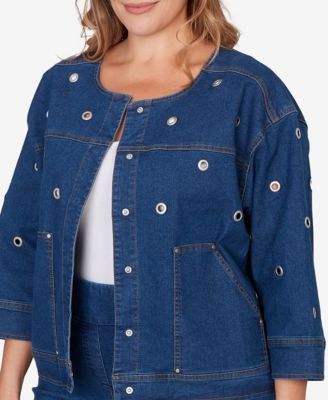 Plus Size Grommet Detail Stretch Denim Jacket