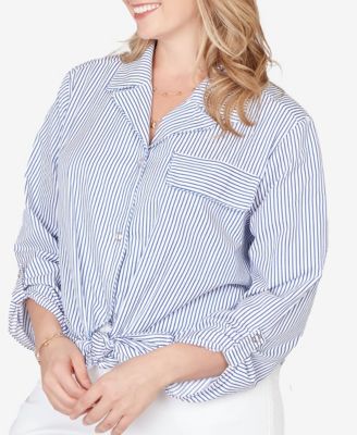 Plus Size Snap Front Tie Hem Pucker Stripe Top