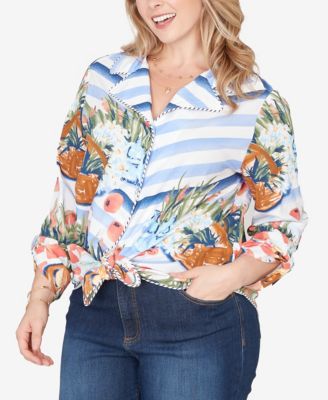 Plus Size Picnic Print Poplin Tied Snap Front Top