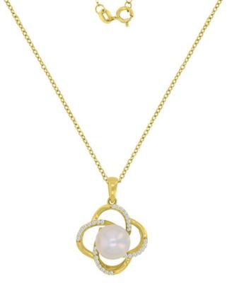 Diamond (3.85 ct. t.w.) & Imitation Pearl Flower Necklace in 14k Yellow Gold Over Sterling Silver