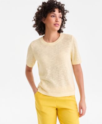 Women's Linen Blend Textured Crewneck Short-Sleeve Sweater