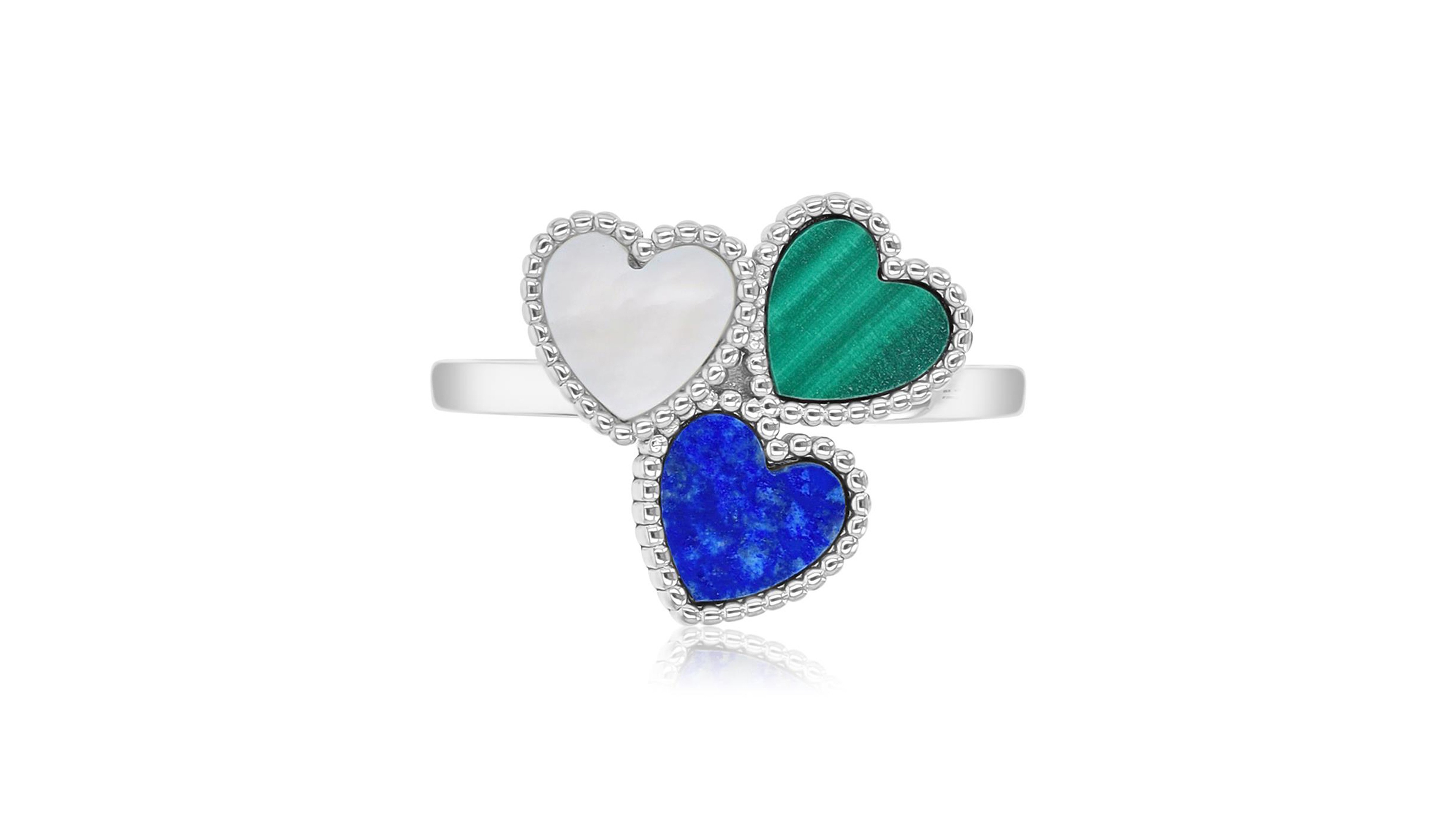 Macy's Malachite (0.8 ct. t.w.) Lapis & Imitation Pearl Tri-Hearts Ring Set Rhodium Over Sterling Silver