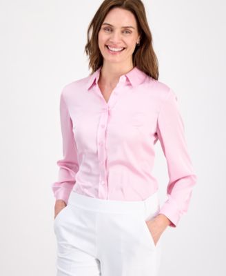 Women's Button-Front Long-Sleeve Collared Neck Blouse