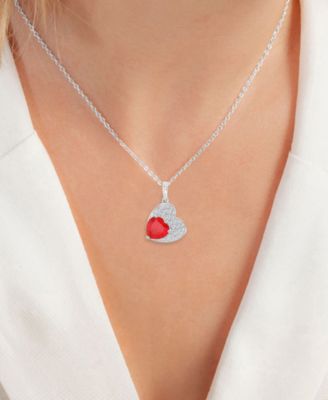 Ruby (2.17 ct. t.w.) and Created Sapphire (0.756 ct. t.w.) Paved Heart Necklace in Rhodium Over Sterling Silver
