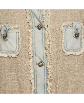 Women's Beige Denim Trim Tweed Jacket