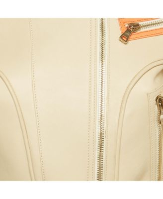 Women's Beige Leather Zip Up Biker Jacket