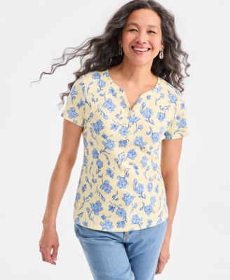 Women's Printed Short-Sleeve Henley Top