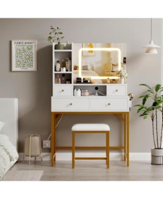 White 4-Drawer Lighted Mirror Vanity, Practical Makeup Table for Bedroom Storage