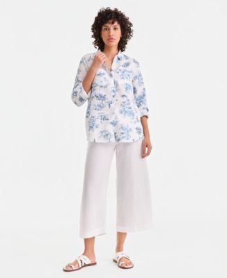 Women's 100% Linen Print Roll-Tab Shirt