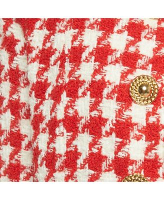 Women's Red /white Houndstooth Tweed Open Front Jacket