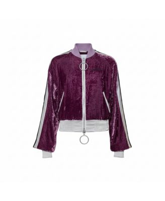 Women's Purple Crushed Velvet Zipper Front Bomber Jacket