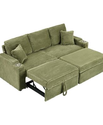 80 Inch Corduroy Sleeper Sofa Bed with Storage Ottoman, Pull-Out Convertible Couch for Living Room or Guest Room