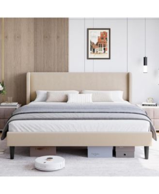 Queen Bed Frame with Headboard, Upholstered Platform Bed with Wood Slat Support, Sturdy Support Feet, Noise Free, No Box Spring Required