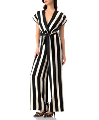 Women's Striped V-Neck Jumpsuit with Waist Tie