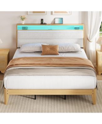 Boucle Upholstered Platform Bed Frame with Storage Headboard, LED Lights & Charging Station &acirc;€“ No Box Spring Needed - King