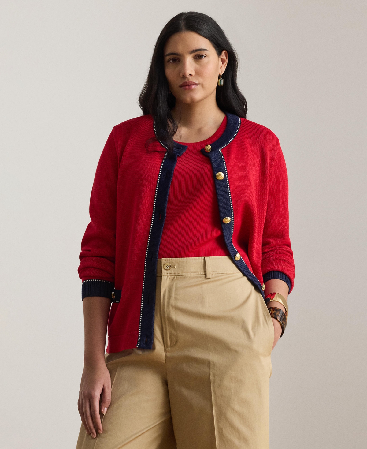 Lauren Ralph Lauren Plus Size Crewneck Cardigan - Cruise Red