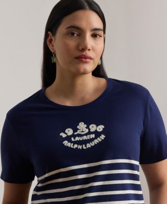 Plus Size Striped Embroidered Logo Jersey Crewneck T-Shirt