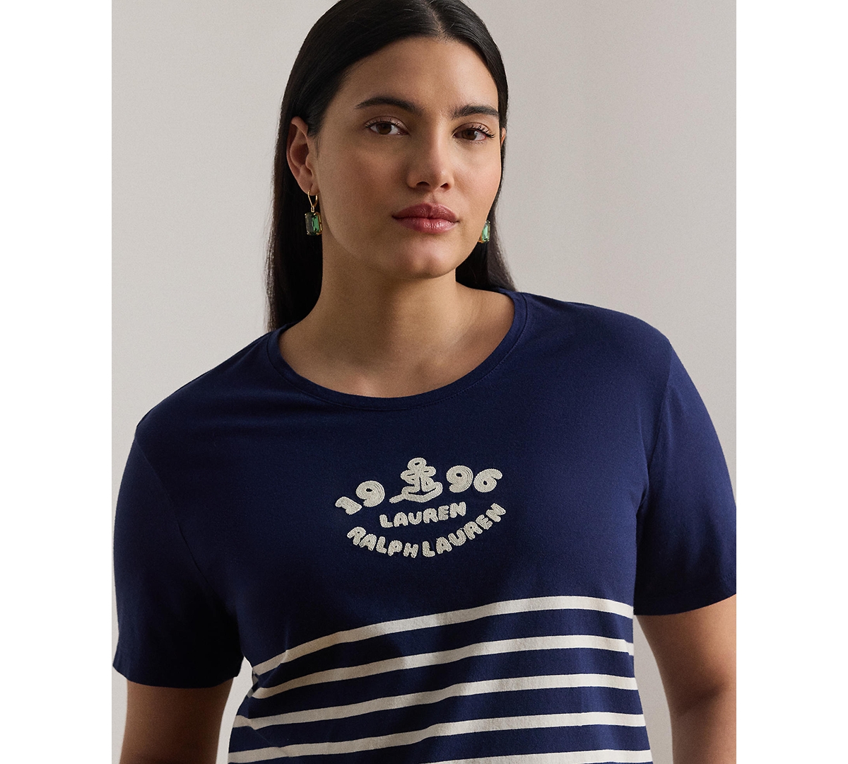 Lauren Ralph Plus Striped Embroidered Logo Jersey Crewneck T-Shirt