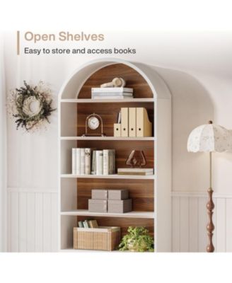 76.8" Tall Arched Bookcase, 5-Tier Bookshelf with File Cabinet Drawer, Modern Freestanding Wooden Bookshelves, Open Display Storage Shelves
