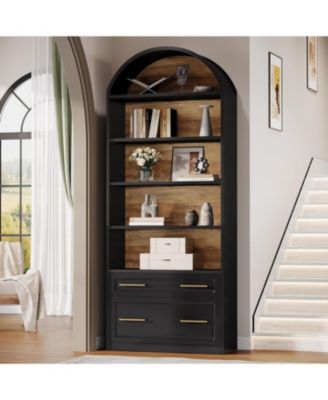76.8" Tall Arched Bookcase, 5-Tier Bookshelf with File Cabinet Drawer, Modern Freestanding Wooden Bookshelves, Open Display Storage Shelves