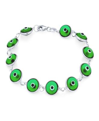 Good Luck Amulet Turkish Translucent Green Glass Evil Eye Bracelet Sterling Silver 7.5 Inch
