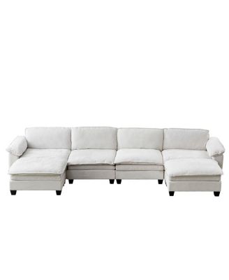 Living Room Sofa Luxury Couch Four Seater with Two Ottomans Beige