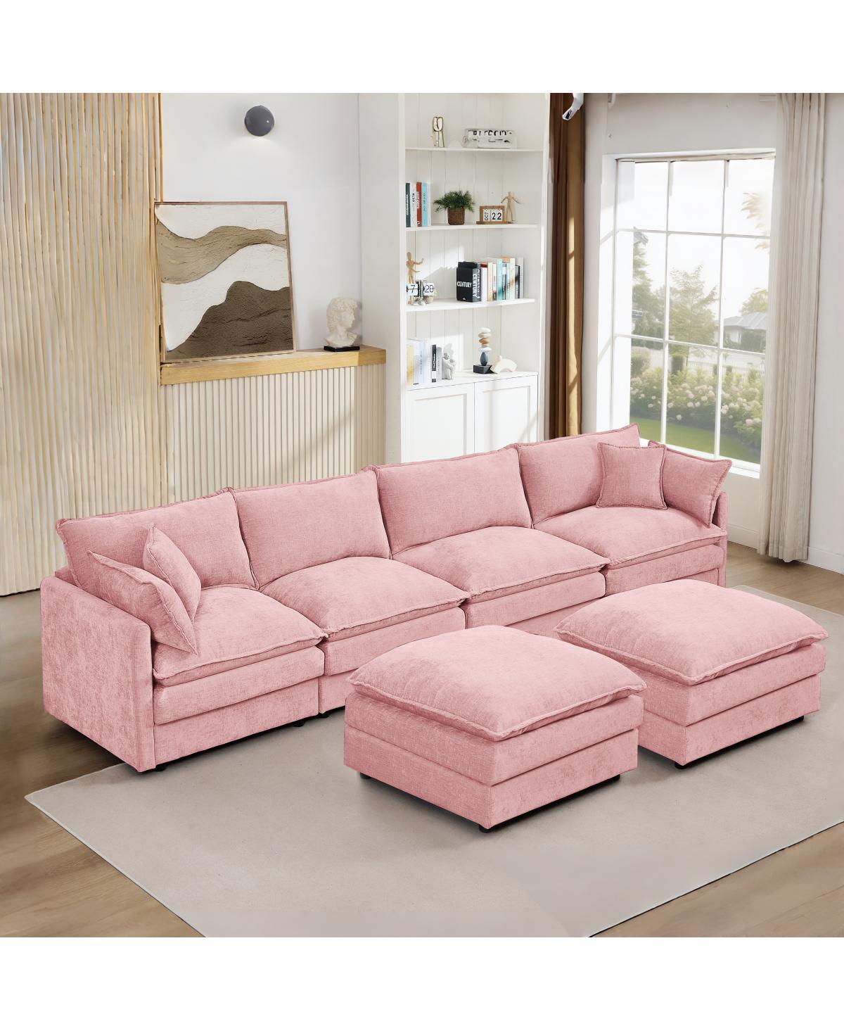 Streamdale Furniture Modular U-Shaped 4-Seater Chenille Sofa with Movable Ottoman, Pink