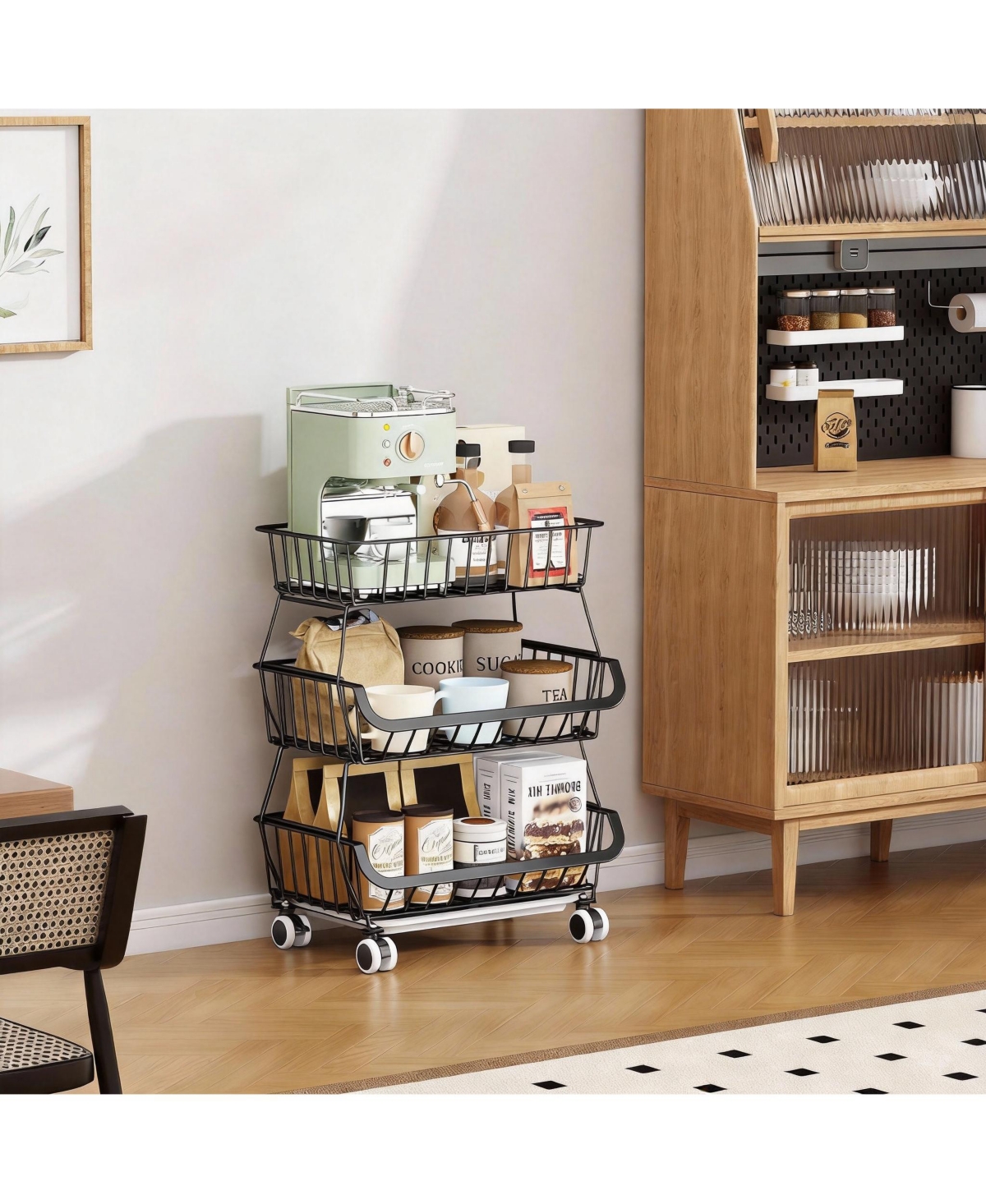 Yigii 3-Tier Wire Basket Storage Cart with Wheels for Kitchen Pantry