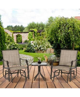 3 Piece Outdoor Glider Chair with Coffee Table Bistro Set, 2 Patio Rocking Swing Chairs with Breathable Sling Fabric, Glass Tabletop