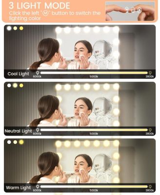 Vanity Mirror with Lights,Hollywood Mirror with 15 LED Bulbs,3 Color Modes,Detachable 3X Magnification,with USB Charging Port