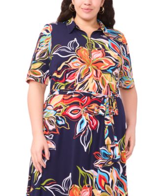 Plus Size Printed Collared Neck Short-Sleeve Midi Dress