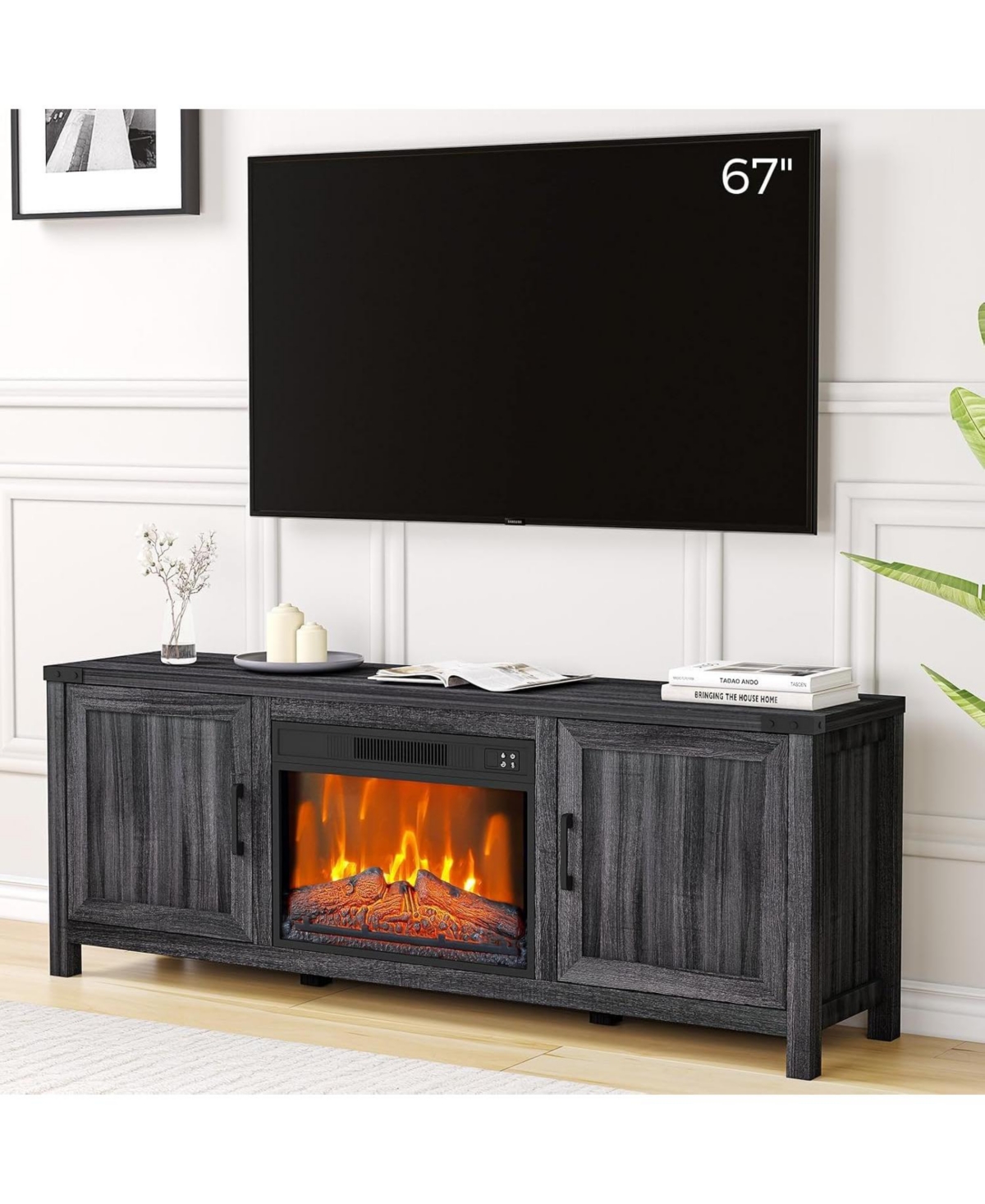 gaomon 67" Fireplace Tv Stand with Built-in 23" Electric Fireplace, Farmhouse Fireplace Entertainment Center with Remote, Black