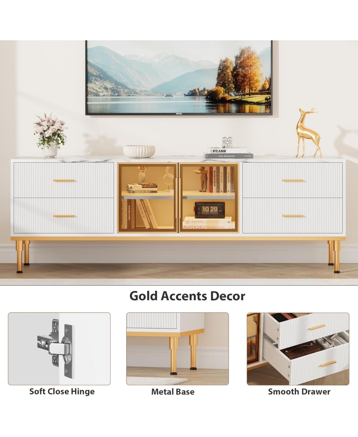 gaomon 65 Tv Stand with Led Lights, Modern Entertainment Center 4 Drawers & Shelves Glass Doors