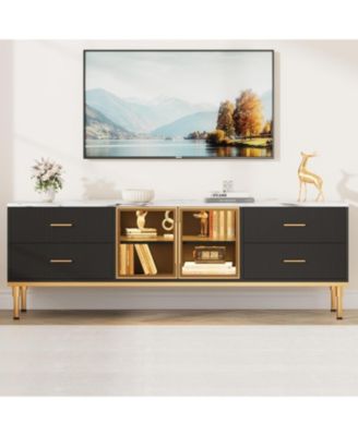 65 in TV Stand with LED Lights, Modern Entertainment Center with 4 Drawers & Shelves & Glass Doors