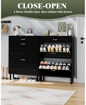 Shoe Storage Cabinet with Dual Flip Drawers, Space-Saving Shoe Organizer for Entryway, Hallway, or Mudroom, Hidden Shoe Rack Cupboard