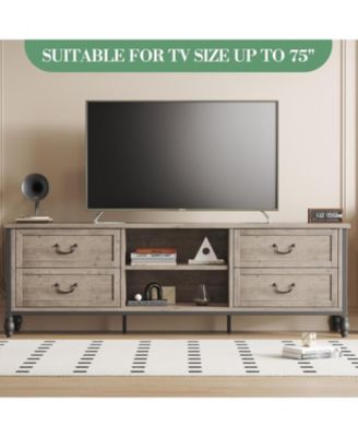 Large TV Stand for 70-75 Inch TVs, Mid Century Modern Entertainment Center with 4 Drawers & 2 Open Shelves, Grey